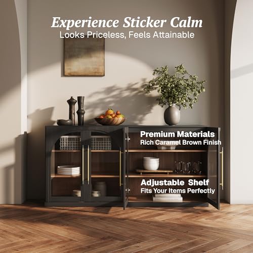 Image of BELLEZE 65 inch Arched Sideboard with Glass Door, Accent Buffet Cabinet with Storage and Adjustable Shelves, Classic Modern Large Console Table for Dining Room Living Room Entryway (Ebony)