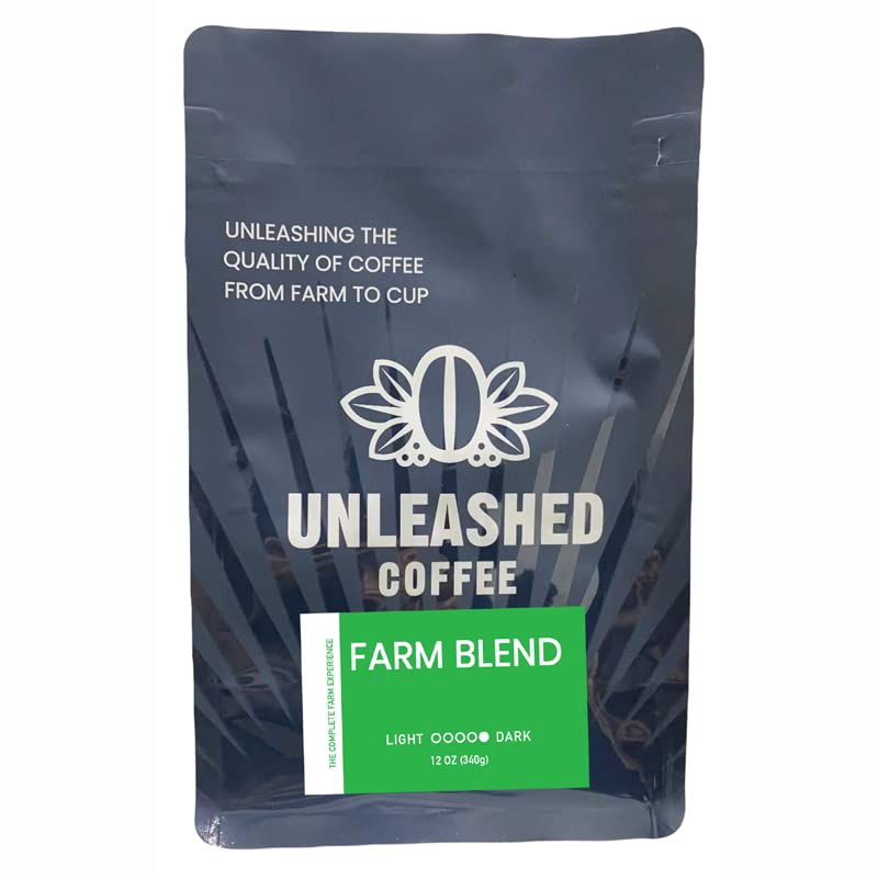 Unleashed Coffee - Mezcla de granja - Tostado oscuro grano entero café fuerte origen único comercio directo granja a taza