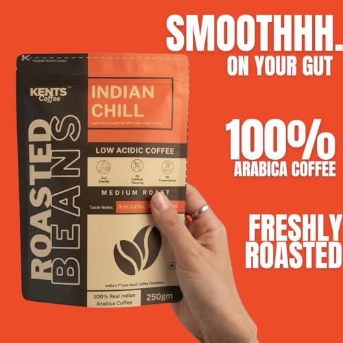 Image of Kents Coffee Indian Chill Roasted Coffee Beans | LOW ACIDIC COFFEE | Whole Bean | Best Medium Roast Bean | 100% Arabica Beans from Chikmagalur Single Estate Speciality Pouch | Taste like Earthy, Bold & Dark Chocolate Notes | Freshly Roasted Everytime (200gm) | Gut Friendly