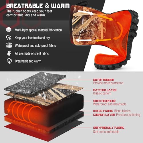 Waterproof Rubber Rain Boots with 6 mm Neoprene for Hunting, 10" Mid-calf Rubber Boots with Anti-Slip Sole for Mud Gardening Farming Working Outdoor Fishing, Size 6-144