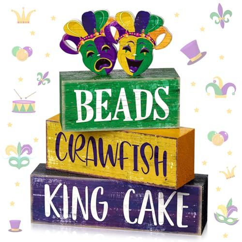 Image of Moucuny 4 Pcs Mardi Gras Table Decorations Wooden Mask Decor Purple Golden Green Carnival Tiered Tray Decor Mardi Gras Centerpieces Decorative Masks Block Signs Gift for Masquerade Party Home Kitchen