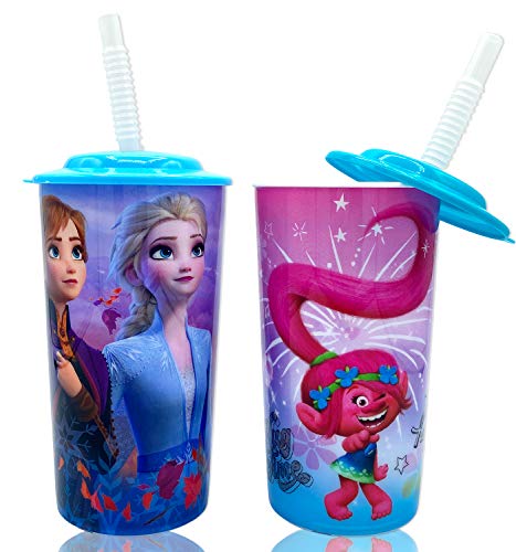Disney Special Frozen 2 and Trolls Colorful Water Tumblers with Lid, Reusable Straw