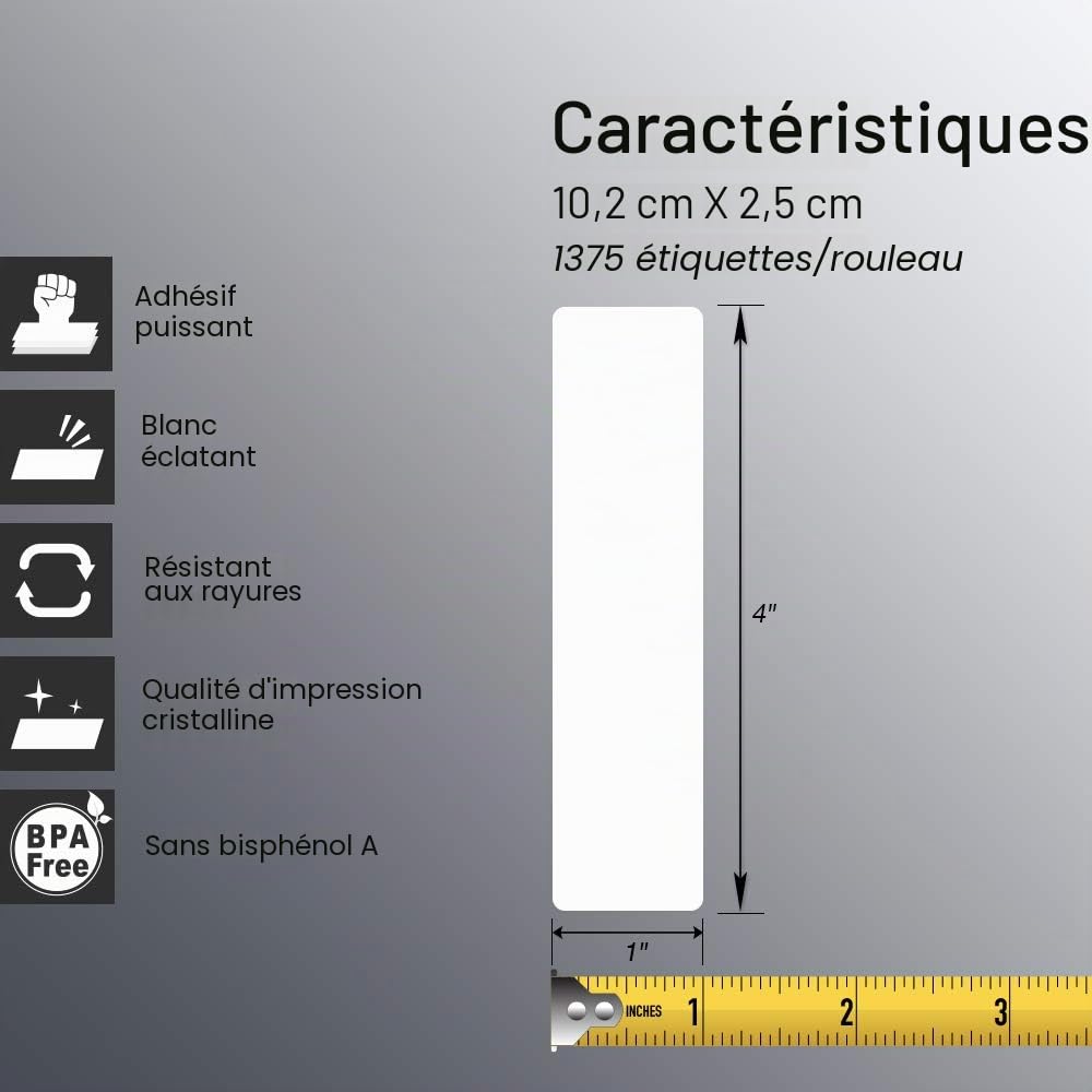 BETCKEY - 102mm x 25mm(4 in x 1 in) Perforées Étiquettes Thermiques Polyvalentes Compatible avec les imprimantes Zebra et autres [10 Rouleaux/13750 Étiquettes]