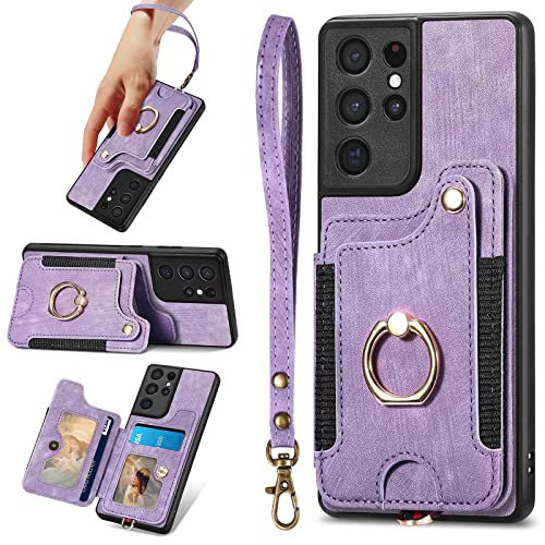 S21 Ultra Case,Card Holder Wallet for Galaxy S21 Ultra Case,Magnetic,Ring Holder Stand,RFID-Blocking,Wrist Strap,Camera Protector,Leather Protective Flip Cover for Samsung S21 Ultra Case (Purple)