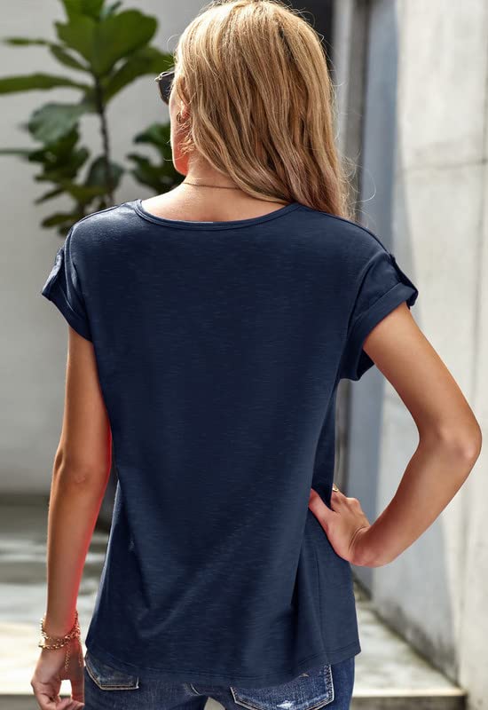 Women's Casual Short Sleeve T-Shirts V Neck Button Up Tunic Tops Summer Rolled Sleeve Henley Shirt3