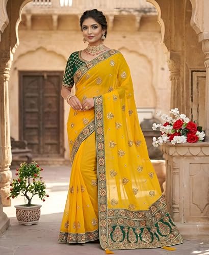 Image of Women's Bollywood Heavy Sequins Embroidery Work Georgette Saree with Unstitched Blouse