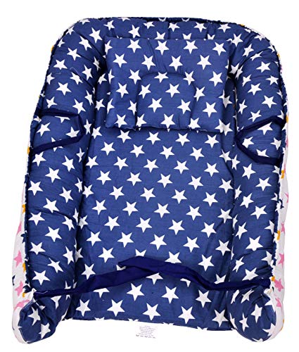 Image of by Urban Space 100% Cotton Reversible Baby Bed Set with Pillow 0-12 Months (Blue Star, 0-12 Months)