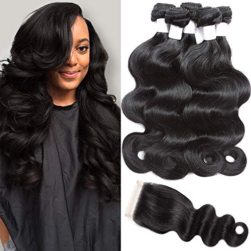 Flady Brazilian Body Wave with Closure Unprocessed Brazilian Virgin Hair 3 Bundles with Closure Natural Black 10A Human Hair Bundles with Closure (18 20 22 with 14inches)
