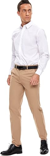 Miniatura 4 de Plaid&Plain Pantalones de vestir para hombre, ajustados, elásticos, color caqui, sin arrugas