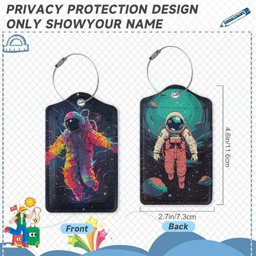 Set of 2 Luggage Tags for Suitcases, Leather Astronauts in Space Baggage Tags with Stainless Steel Loop, Privacy Name ID Card Cover Kawaii Travel Labels for Women Men Kids Girls2