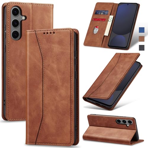 Image of Jasonyu Flip Wallet Case for Samsung Galaxy S24 FE,Leather Magnetic Folio Cover with Card Holder,Kickstand - TPU Shockproof Durable Protective Phone Case,Brown