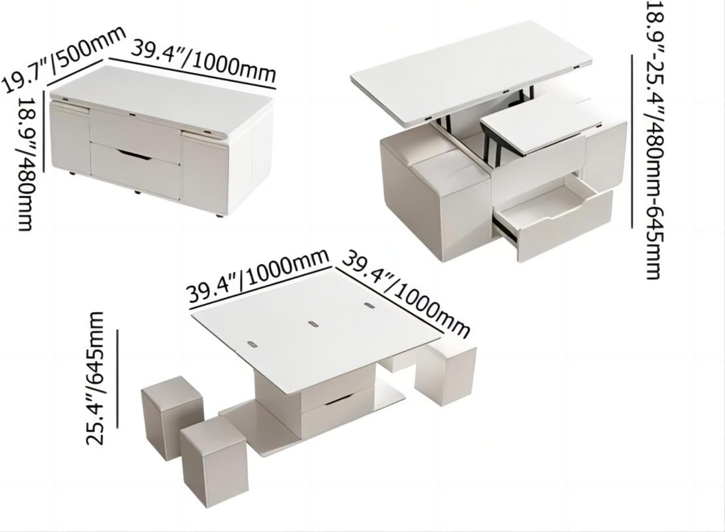 Diagram showing the dimensions of the Homary Lift Top Coffee Table in both compact and extended configurations.