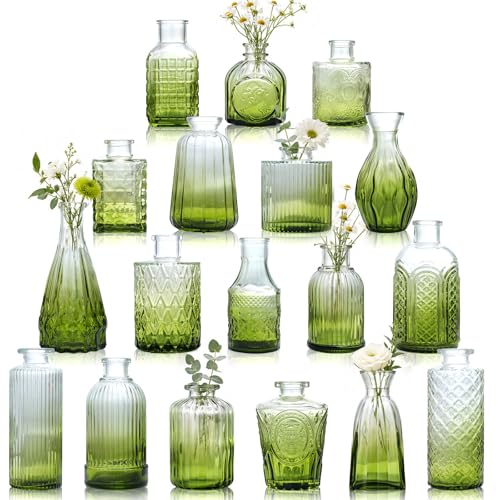 Petal Petite Small Green Glass Bud Vase Set of 18 for Wedding Centerpieces