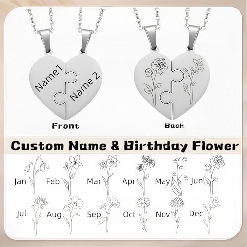 Personalized Name & Birth Flower BFF Necklace for 2/3/4/5, Mom and Daughter Matching Necklace, Custom Family Friendship Couple Necklace Set, Best Friend Name Engrave Heart Puzzle Pendant Necklace