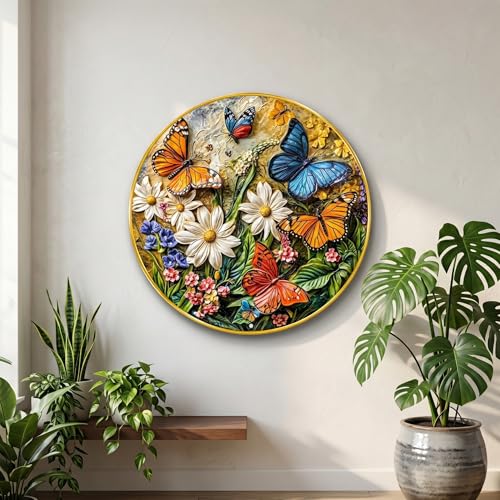 Image of SAF Butterfly Floral Wall Painting Round PVC Golden Frame Colorful Nature Wall Decor for Living Room Bedroom Office Modern Flower Art Decorative Gift Item (20 x 20 Inch) GRL-379