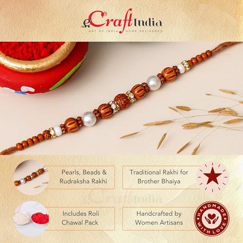 Image of eCraftIndia Pearls Beads Rudraksha Rakhi for Brother with Gift Combo Set Hamper | Raksha Bandhan Rakhi for Bhai Bhaiya | Best Bro Ever Fridge Magnet | Roli Chawal Pack