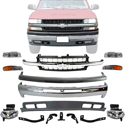 New Front Bumper Chrome with Brackets + Grille + Upper + Valance + Outer Brace Brackets + Head Lamps+ Park Lamps + Fog Lights For 1999-2002 Chevrolet Silverado 1500 00-06 Tahoe Direct Replacement
