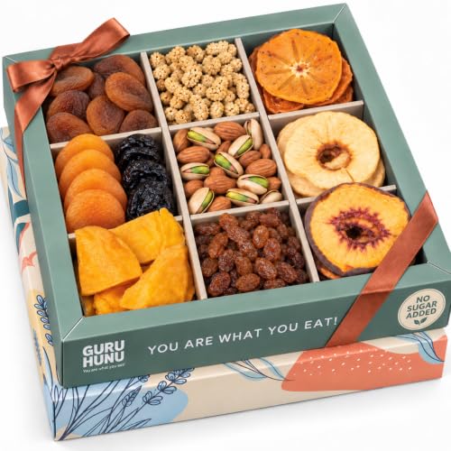 GURU HUNU Dried Fruit & Nuts Gift Basket – Premium Mediterranean Gift Box with Figs, Mulberry, Apricot, Mango, Pistachios & More | No Sugar Added, Sulfite-Free | Birthday, Holiday, Sympathy Gift