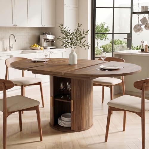 Mesa de Comedor Extensible, Mesa Redonda con Espacio de Almacenamiento | Mesa Ovalada de Madera, Base Cilíndrica, 110-150 cm, para 4-6 Personas, Ahorra Espacio, Color Marrón, para Cocina y Salón