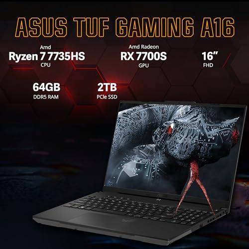 Image of ASUS TUF A16 16 inch 165Hz FHD Gaming Laptop, AMD Ryzen 7-7735HS, 64GB DDR5, 2TB PCIe SSD, AMD Radeon RX 7700S, RGB Backlit Keyboard, Dolby Atmos, WiFi 6, Black, Win 11 Pro, 128GB Docking Station Set