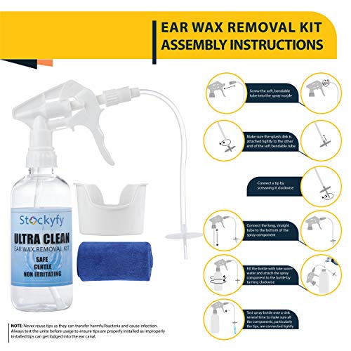 Ear Wax Removal Tool - Irrigation Flushing System kit Perfect Ear Cleaning Kit for Adults & Kids-350ml Spray Bottle, Basin, Bulb Syringe,Curette (Ear Spoon and Spiral),Towel and 25 Disposable Tips