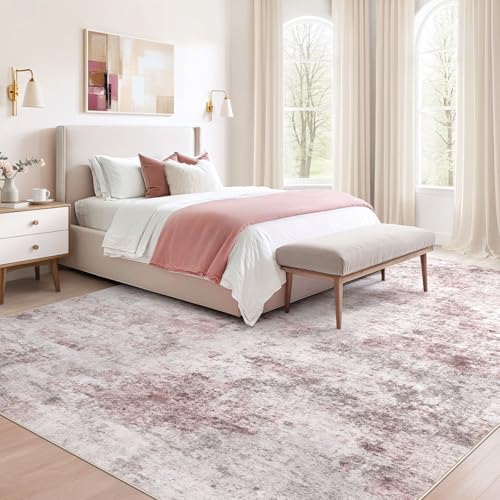 7x9 Area Rug Living Room Rugs - Washable Neutral Modern Abstract Soft Thin Large Rug Indoor Floor No Slip Rug Carpet for Bedroom Under Dining Table Home Office Decor - Pink