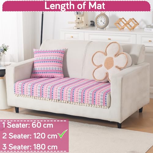 Image of HOKIPO Sofa Cover Mat with Tassel | 300 GSM Cotton Acrylic Jacquard for 2 Seater Sofa,'Trivana Series' Periwinkle Blue (IN-934-J5*S)