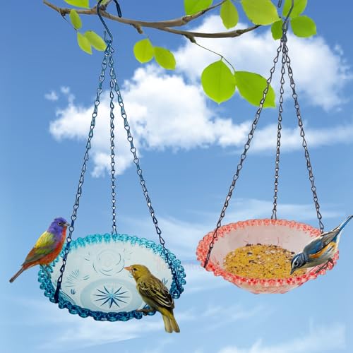 2 Pack Hanging Bird Baths Bowl Outdoor 15.8 Inch Metal Chains, Weather-Resistant Hanging Bird Feeder & Bath Tray for Garden Patio (Plastic, Blue & Pink)
