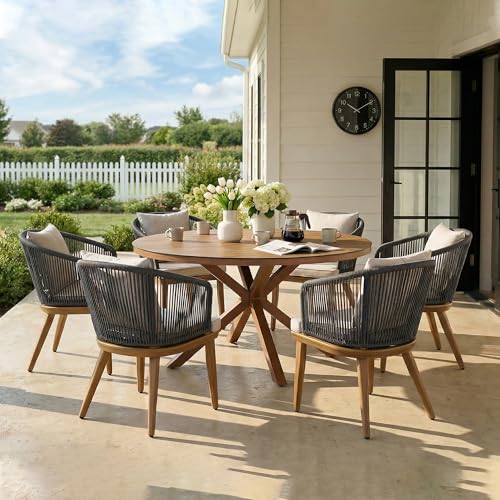 Image of PURPLE LEAF 7 Pieces Patio Dining Set Wicker Outdoor Furniture Round Table and Chairs Set for Garden Deck Teak-Finish Aluminum Frame Backyard Kitchen Set, Cushions and Pillows Included