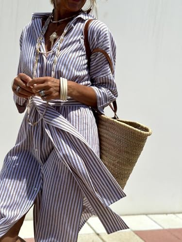 Image of chouyatou Women's Summer 3 /4 Sleeve Striped Shirt Dress Belted Maxi Long Casual Button Down Beach Dress