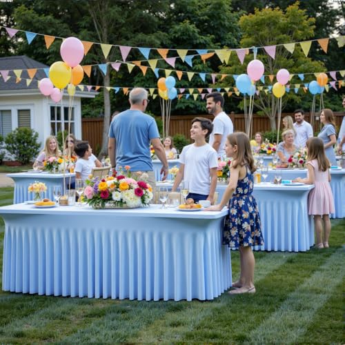Image of Outpain 6Pack Baby Blue 8FT x 8FT Rectangular Spandex Polyester Blend Tablecloth for Standard Folding Tables - Set of 6