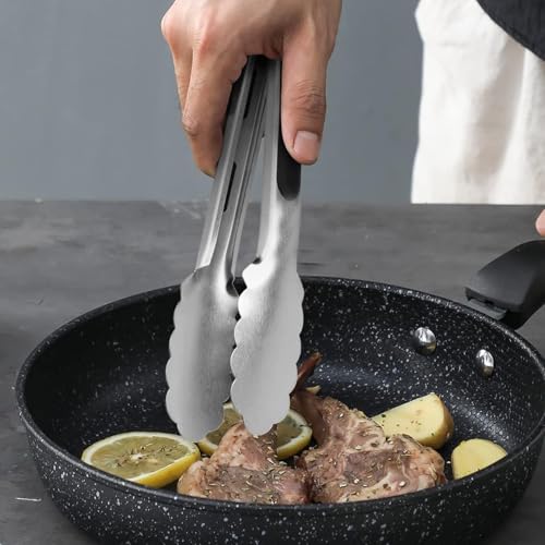 Premium Stainless Steel Kitchen Tong, 12" Sturdy Coiled Spring Locking Food Tong with Non-Slip Silicone Grip ，for Cooking Barbecue, BBQ Grilling, Buffet Serving