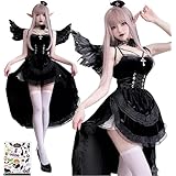 [Diki Home] デビル コスプレ 魔女 小悪魔 セクシー 7点セット 羽 パニエ 黒&赤 吸血鬼 ハロウィン 衣装 大人 レディース 可愛い 大きいサイズ エルフの耳 ニーソックス付き イベント 仮装パーティー +ランダムステッカー ジャズダンス 舞台衣装 (黒, L)