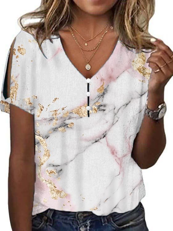 Womens 2024 Summer Marble Printed Tops Casual Short Sleeve Loose Fit Shirts V Neck Button Front Blouse Tops