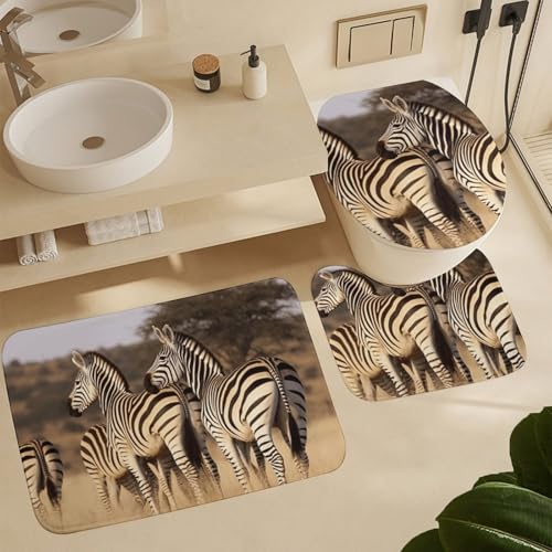 Alfombra de Baño de 3 Piezas Cebras en Sudáfrica Alfombrillas de Pedestal U Tapa de Inodoro Suave, Lavable para WC Sala de Estar