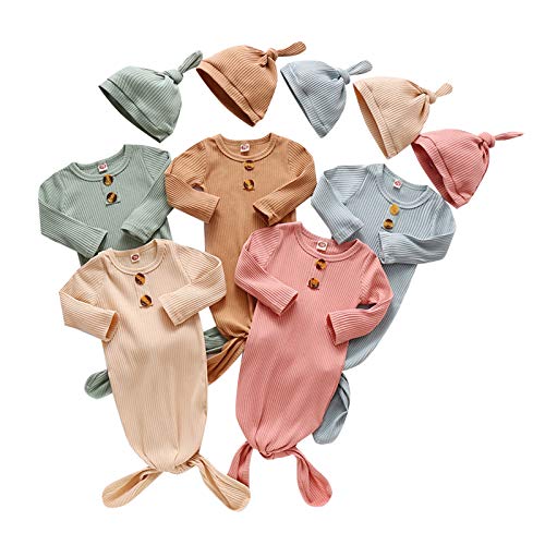 Image of BASKOPA Baby Knotted Sleeper Gown Unisex Boys Girls Sleepsuits with Mitten Cuffs and Matching Hat Baby Coming Home Outfit
