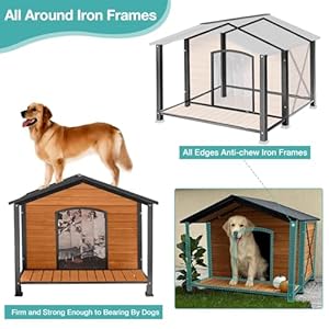   Outdoor-Dog-HouseWeatherproof-Wooden-Dog-Shelter-for-Small-to-Medium-Sized-DogsIron-Frame-Indoor-Outdoor-DoghousePuppy-KennelPets-Warm-House-in-Winter-with-Large-Porch