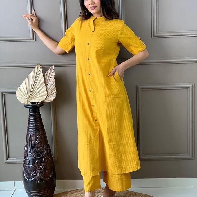 Image of Women's Rayon Printed Kurta with Palazzo Set (X-Large, Yellow Palazzo Set)