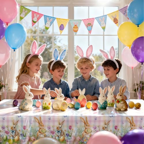 Image of OQOQ Plaid Pastel Easter Tablecloth (2 Packs) -108x54 inches Spring Easter Table Cloth Colourful Happy Bunny Disposable Waterproof Table Cover for Party Decoration Picnic Dinning Home Decor