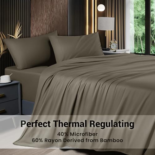 Image of Shilucheng 4 Piece Full Sheet Sets, Cooling Sheets, Blend Rayon Derived from Bamboo, Deep Pocket Up to 16 inch, Breathable & Soft Bed Sheets, Hotel Silky Bedding Set, Taupe