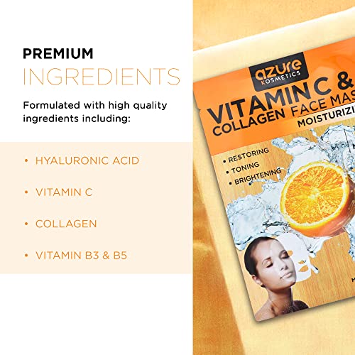 AZURE Vitamin C & Collagen Moisturizing Facial Mask- Anti Aging, Deeply Moisturizing & Firming – Brightening Mask, Improves Elasticity – Skin Care Made in Korea – 5 Pack