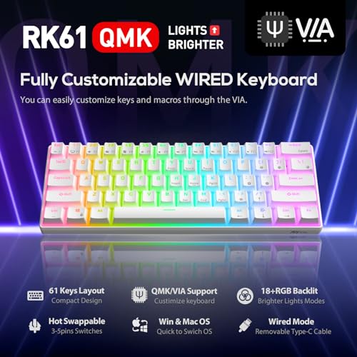 RK ROYAL KLUDGE RK61 Wired 60% Mechanical Gaming Keyboard, Compact PC Game Keyboards with QMK/VIA Programmable RGB Backlit, Hot Swappable Custom Keyboard for Win/Mac, Pre-lubed Red Switch, White by RK ROYAL KLUDGE - Image 2