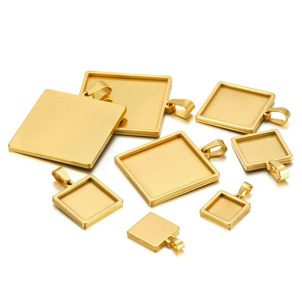 TPIONEER 5pcs Gold Stainless Steel Square Blank Bases For Pendants Tray 10/15/20/25/30mm Cabochon Bases Setting Jewelry Making Supplies