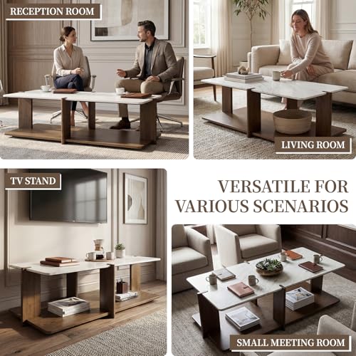 Image of HNY 50 inch Modern Open Frame Coffee Table with Storage, Solid Wood Center Table with Marble (Super Matte) Top, Hollow Visual Display Space for Home, Office, Living Room, Hotel Lobby,Waiting Area, Walnut