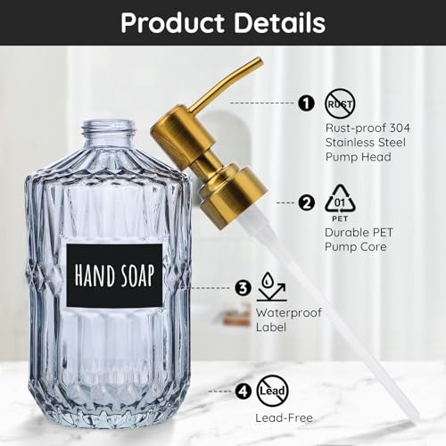 Image of Segbeauty 15.2oz Glass Soap Dispenser Bathroom Bottle, 2pcs Gray Shampoo and Conditioner Dispenser with Labels, 450ml Pump Bottle for Kitchen, Lotion Cream Container with Golden Stainless Steel Pump