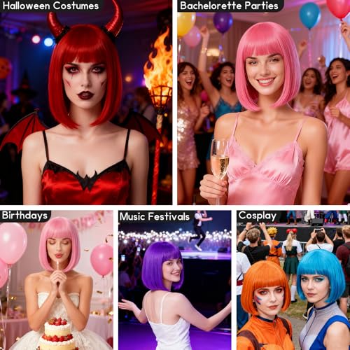 Image of 2 Pack Colored Bob Wigs and Heart Sunglasses Set, Green Black Short Straight Bob Wig with Bangs Neon Party Colorful Synthetic Hair for Women Men Halloween Costume Bachelorette Party Favors