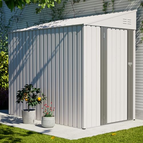 Image of YOPTO 4x7 FT Outdoor Storage Shed Lean to Shed,Metal Shed W /Lockable Door & Air Vent,All Weather Waterproof Garden Tool House W /Reversible Installation,for Backyard,Patio,Lawn,White