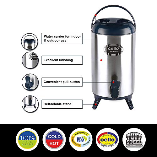 Image of CELLO Jaguar Vacuum Insulated Thermos Water Jug for Kitchen 8 Litre Grey | Easy to Fill & Clean Wide Mouth, Press and Pour Tap Double Wall Hot and Cold Stainless Steel Water Jug for Picnic and Office