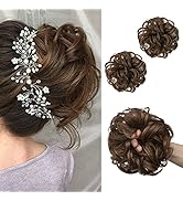 SARLA 2Pcs Light Brown Messy Bun Hair Piece Synthetic Wavy Curly Scrunchies Ponytail Extension fo...