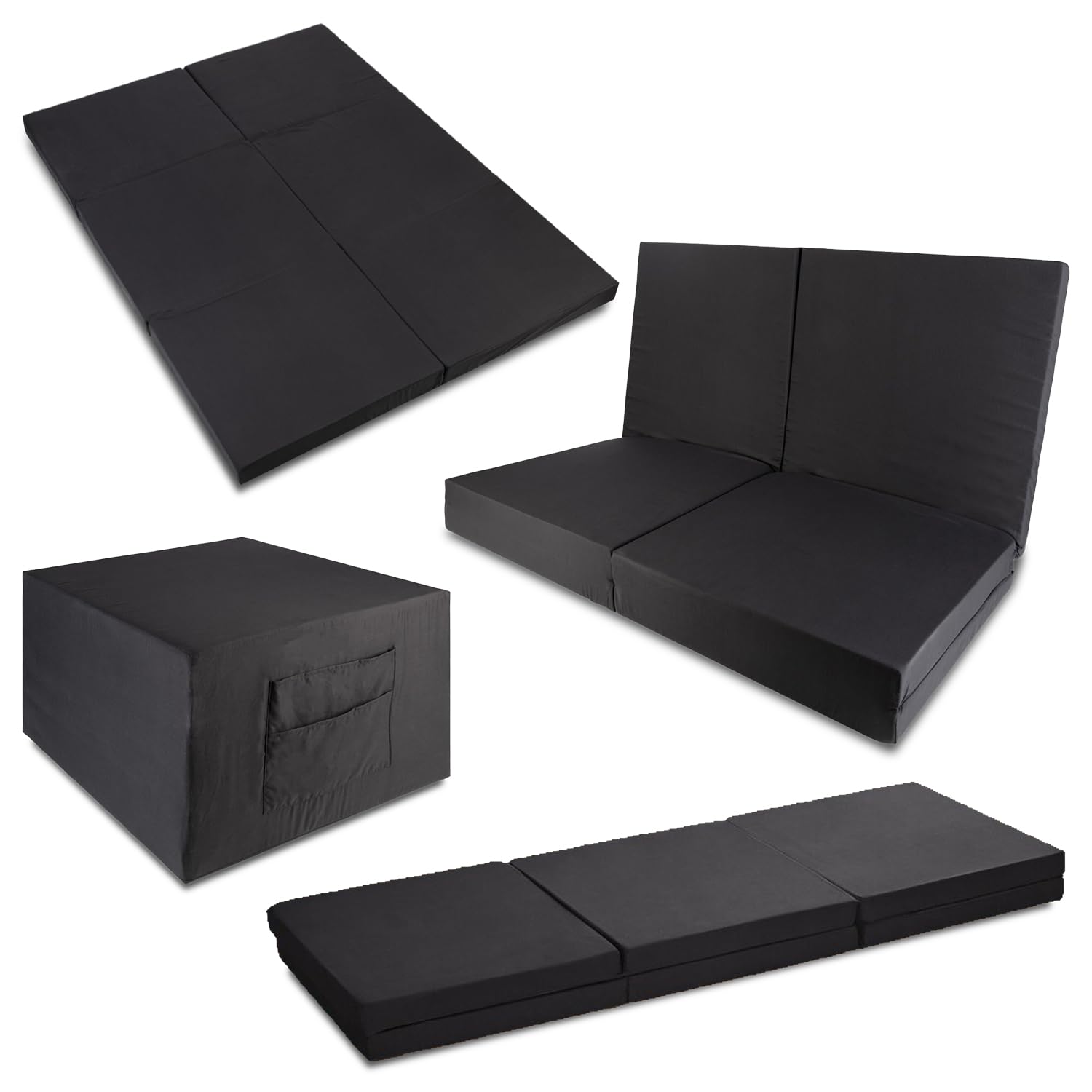 CloudComfort Materasso Matrimoniale Pieghevole Ospiti 140x195 cm 6 Pezzi Nero Letto Matrimoniale e Singolo Con Borsa Per Il Trasporto, Nucleo In Schiuma Extra Spessa Altezza 14 Cm Singolo